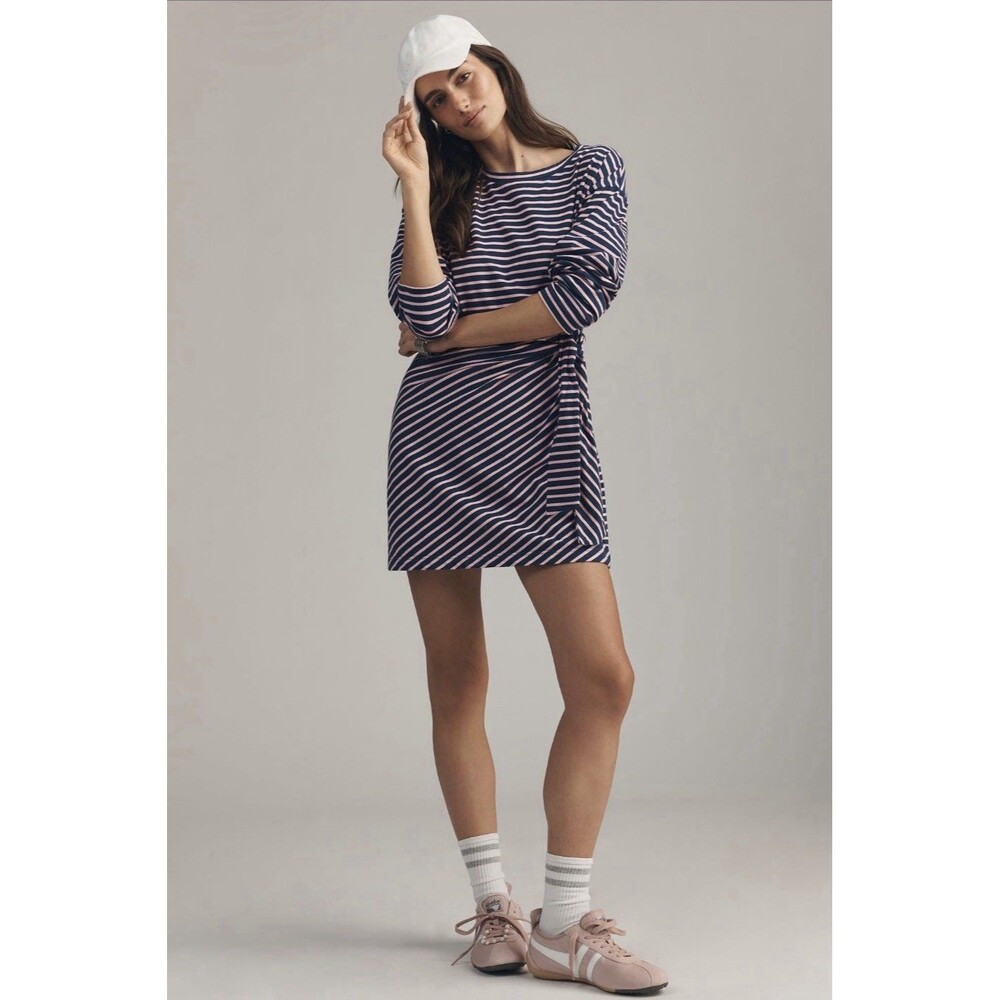 ANTHROPOLOGIE Daily Practice Wrap Mini Dress SMALL Striped Long Sleeve Pullover